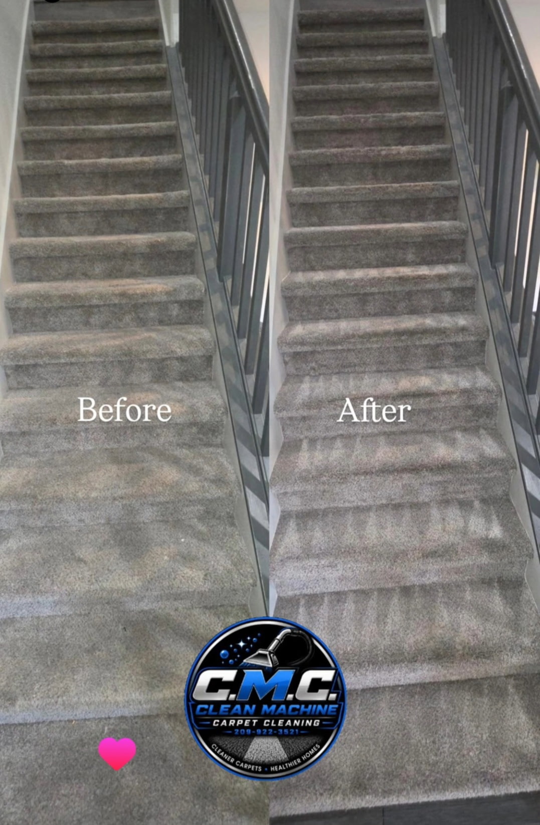 Before and after comparison of cleaned carpeted staircase