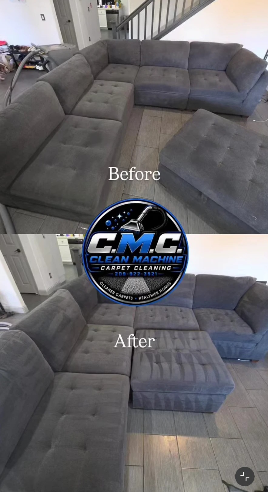 Before and after cleaning of a grey sectional couch